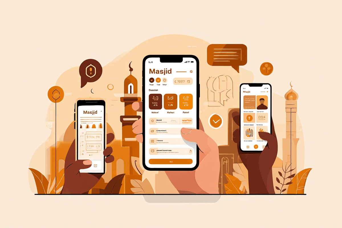 Mosque mobile app showing prayer times, events, donations, and push notifications on iOS and Android devices